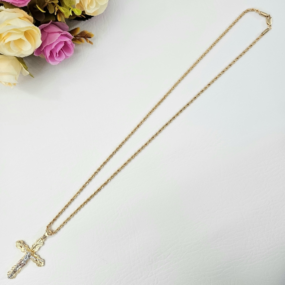 Diamond Cut Large Cross Crucifix Gold Plated Necklace - Picture 4 of 4